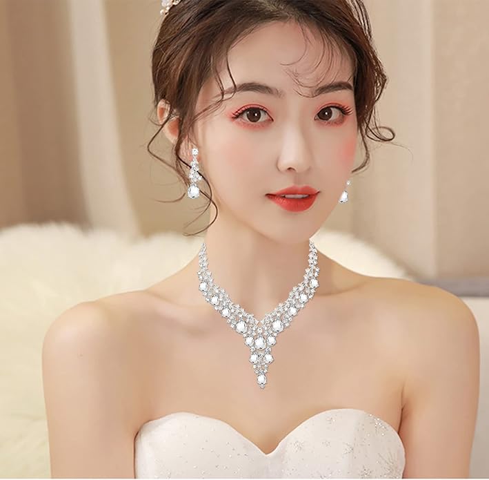 CSY Elegant Crystal Costume Jewelry Sets Flower Bridal Necklace Earrings Stretch Bangle Set for Bride Bridesmaid Wedding Dress Accessories