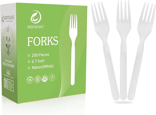 100% Compostable Froks - 200Pcs Heavy Duty Biodegradable Forks Disposable Utensils, BPA-Free, Heat Resistant, BPI Certified Disposable Forks, Eco Friendly Cutlery for Party, Office & Picnic