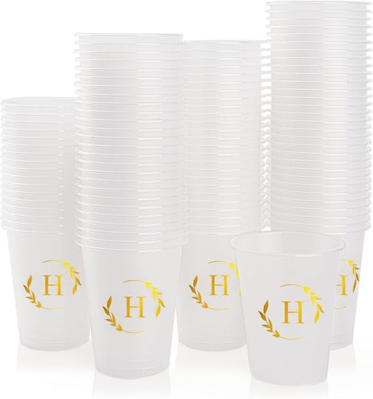100 Monogrammed Cups Disposable Initial Plastic Cup 12 oz Wedding Personalized Cup for Wedding Reception Baby Shower Birthday Party(Letter H)