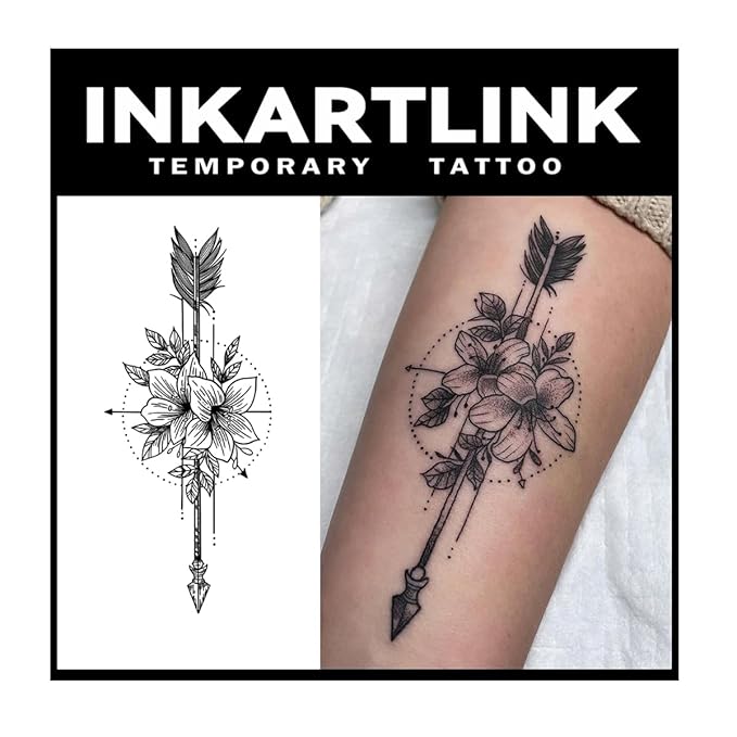 INKARTLINK Tattoo Tech, 2 Sheets Large Semi Permanent Tattoo, Adult Art Design Temporary Tattoos, Lasts 1-2 Weeks, Waterproof, Realistic Look, No Adhesive, No Reflection (Flower and Arrow Design)