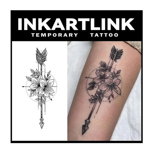 INKARTLINK Tattoo Tech, 2 Sheets Large Semi Permanent Tattoo, Adult Art Design Temporary Tattoos, Lasts 1-2 Weeks, Waterproof, Realistic Look, No Adhesive, No Reflection (Flower and Arrow Design)