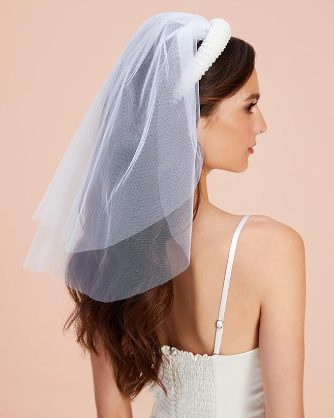 xo, Fetti Bachelorette Party Decorations Pearl Headband with Detachable Veil | White Headpiece Bridal Shower Gift, Bridesmaid Favors