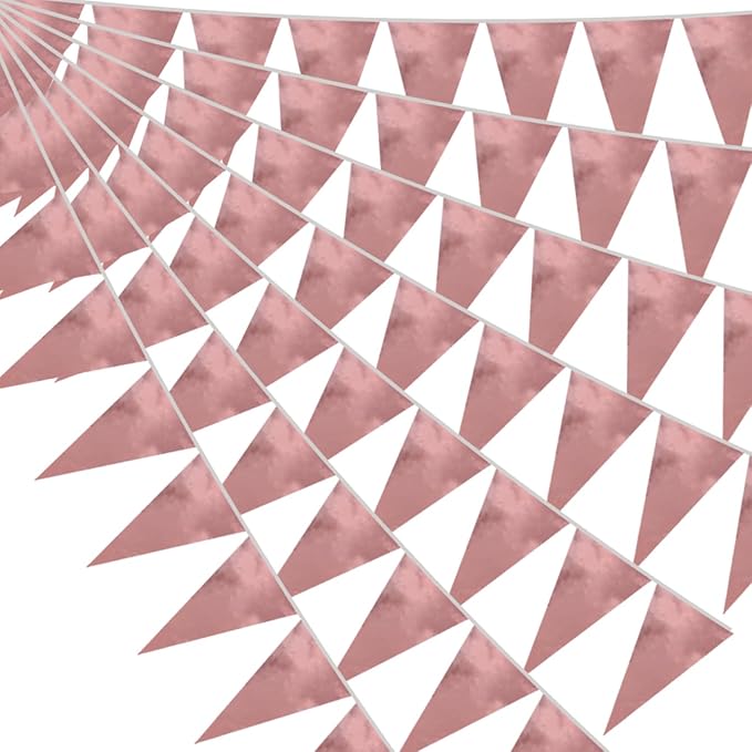 40M/130FT Rose Gold Triangle Pennant Banner Flag Metallic Fabric Bunting Garland for Christmas Wedding Birthday Anniversary Bridal Shower Engagement Graduation Hen Party Decorations Supplies