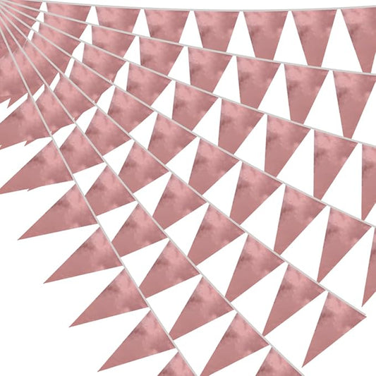 40M/130FT Rose Gold Triangle Pennant Banner Flag Metallic Fabric Bunting Garland for Christmas Wedding Birthday Anniversary Bridal Shower Engagement Graduation Hen Party Decorations Supplies