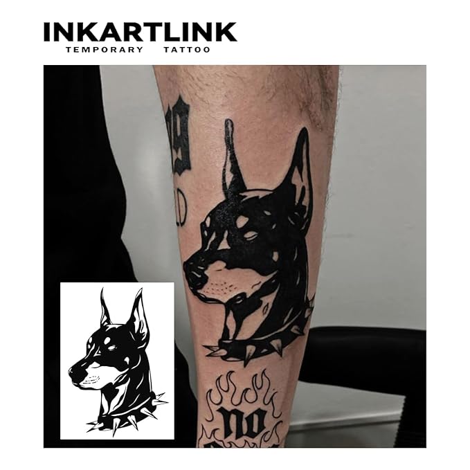 INKARTLINK Tattoo Tech, 2 Sheets Medium Semi Permanent Tattoo, Adult Art Design Temporary Tattoos, Lasts 1-2 Weeks, Waterproof, Realistic Look, No Adhesive, No Reflection (Dog Head Design)