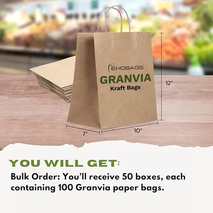 5.000 PACK | EKOBAGS Granvia | 10x7x12 inches | Kraft Paper Gift Bags with Handles | 115 GSM Brown Paper Bags for Small Business, Shopping & Party Favors | Recyclable | Holds up to 13.8L/8 lbs.