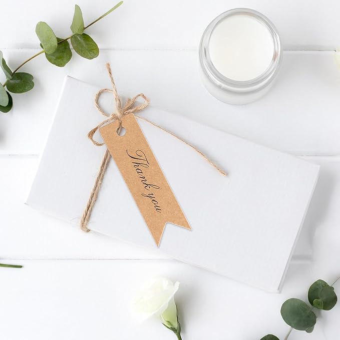 G2PLUS Mini Thank You Tags, 100PCS Small Gift Tags with String, Paper Hang Tag, Kraft Paper Gift Tag with Jute Twine for Arts and Crafts, Wedding, Christmas, Thanksgiving (Brown)