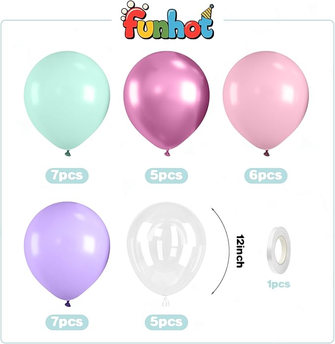 Mermaid Balloons,12 Inch Pastel Pink Purple Green Clear Metallic Balloons for Girls Mermaid Party Decorations Ocean Theme Birthday Baby Shower Party Decorations