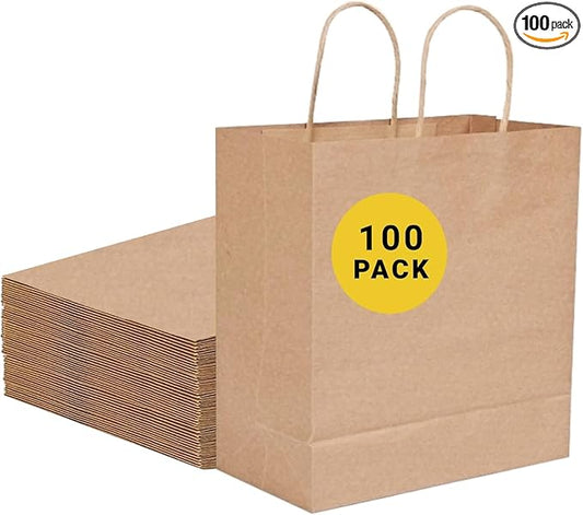 COGLARING Brown Gift Bags with Handles Bulk 100 Pack, 13x7x14 Inch for Shopping, Retail, Merchandise Packaging - Eco-Friendly Durable Paper Bags