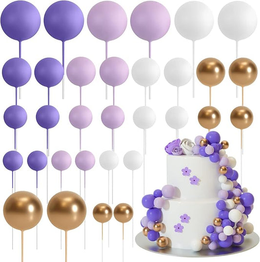 ASTARON 32 Pcs Ball Cake Topper Decorations Mini Balloons Cake Topper Sticks Foam Balls Cake Picks Cake Topper Balls Cake Decorations for Wedding Party Birthday Cake Decorating (Purple Gold)