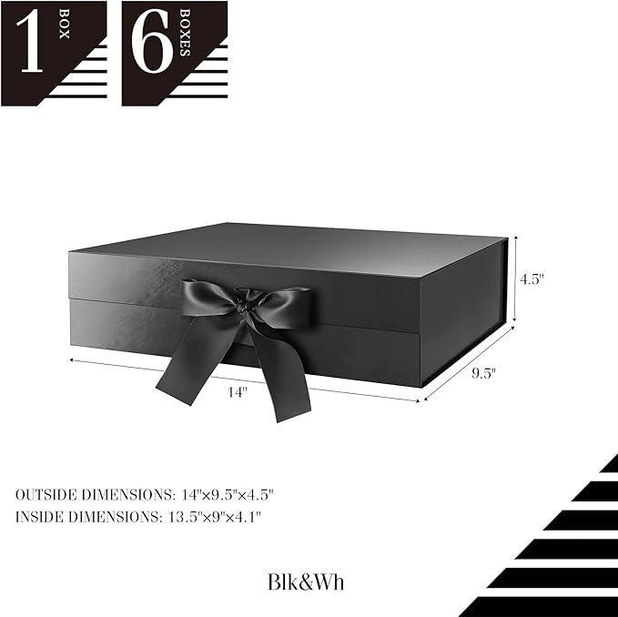 BLK&WH Large Gift Box with Ribbon 13.5x9x4.1 Inches, Black Gift Box with Lid Large, Groomsman Proposal Box, Luxury Magnetic Box for Presents (Glossy Black)