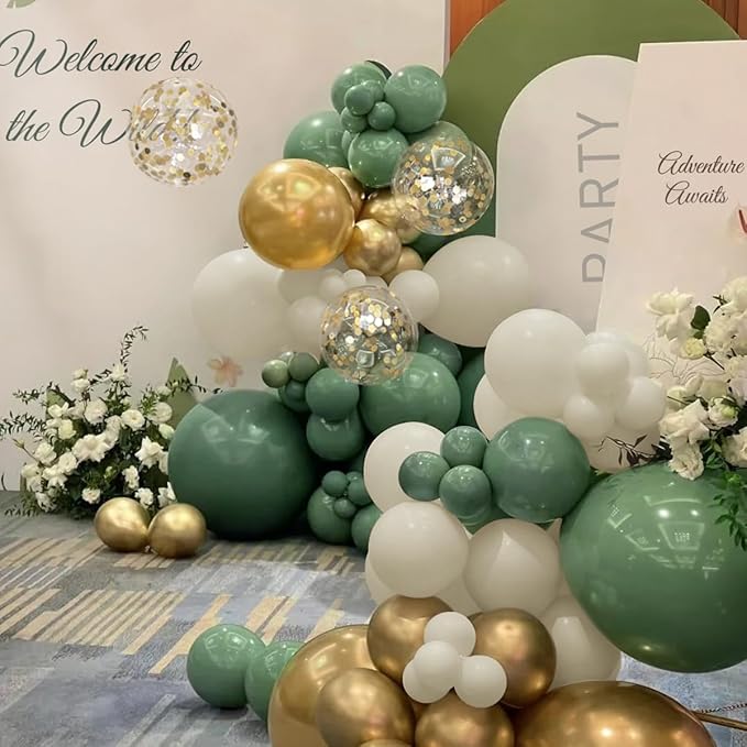 Sage Green White Gold Balloon Arch Kit, 166Pcs Sage Green White Sand Gold Metallic and Gold Confetti Balloons Garland for Baby Shower Gender Reveal Wedding Jungle Safari Party Decoration