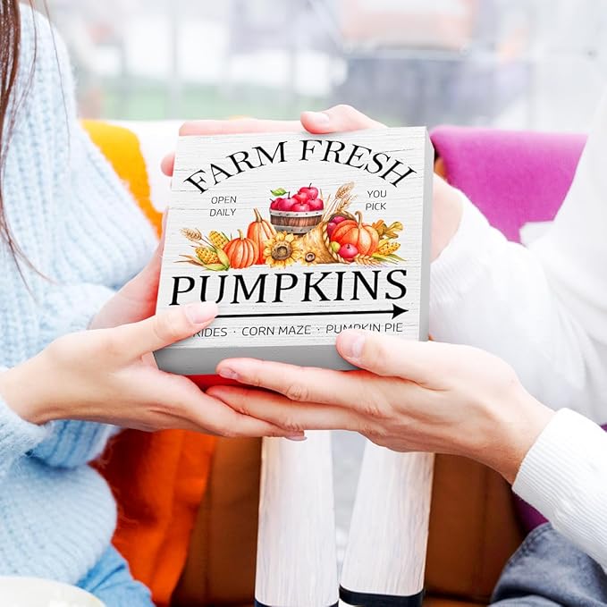 Funny Autumn Wood Box Sign Fresh Pumpkins Wooden Block Desk Decor for Home Office Kitchen Cubicle Table Shelf Tabletop,Farmhouse Fall Sign Decor