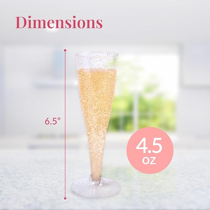 Prestee 24 Piece Plastic Champagne Flutes - 4.5 oz Plastic Wine Glasses with Rose Gold Glitter - Cocktail Glasses for Parties - Party Supplies for Mimosa Bar, Wedding, Shower Party and New Years Eve