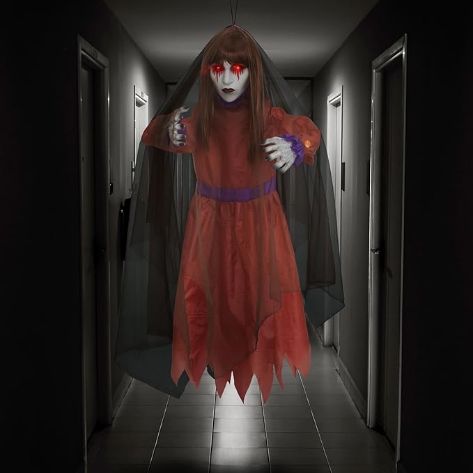 HollyHOME Halloween Hanging Ghost Sound Activated Ghost Girl with Red Glowing Eyes and Creepy Screaming Sound Halloween Outdoor Haunted House Decorations 45 ‘’