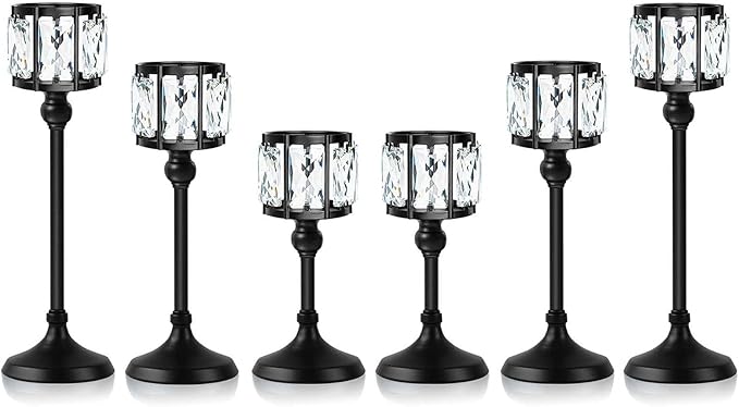 Crystal Tealight Candle Holders Set of 6 (9''/11''/13'') - Elegant Metal & Glass Centerpieces for Stunning Home Decor（ Balck
