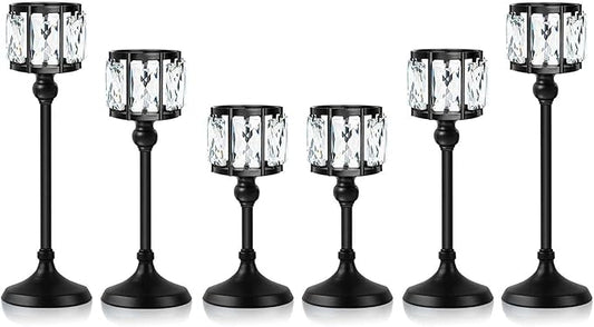 Crystal Tealight Candle Holders Set of 6 (9''/11''/13'') - Elegant Metal & Glass Centerpieces for Stunning Home Decor（ Balck