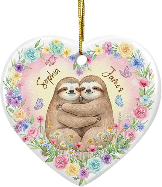 Sloth Couple Newly Engaged Christmas Ornament, Personalized 1St Xmas Together Ceramic Ornament, Cute Couple Sloth Keepsake Gift for Mr & Mrs Mom Dad, Custom Names Sloths Animal Lover Ornaments