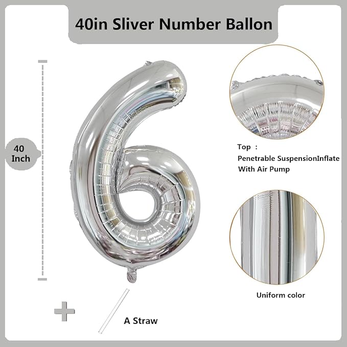 40 inch Silver Number Balloon Giant Foil Helium Balloons Silver Number 6 Balloon for 6th Birthday Party Anniversary Decorations Supplies
