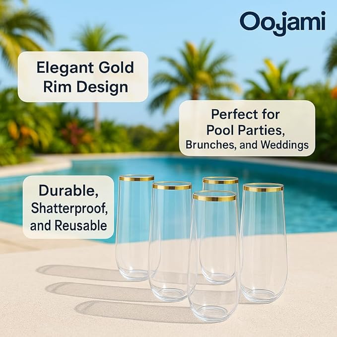24 piece pack 9 oz Champagne Flutes Stemless Disposable cups Unbreakable Crystal Clear Plastic Mimosa Glasses Set of 24 ideal for Wedding Birthday (9 Ounce - Gold Rim)