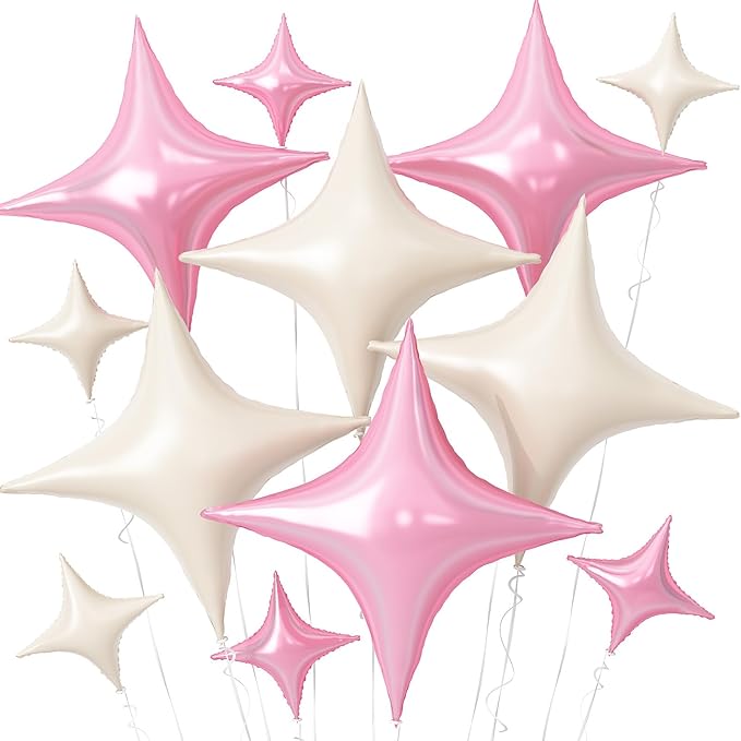 Pink White Star Balloons,12Pcs Four Angle Star Foil Balloons,26Inch and 10Inch Pink Cream White Quadrangle Helium Balloon for Birthday Baby Shower Anniversary Party Decorations