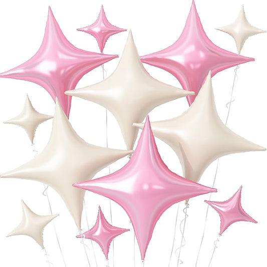 Pink White Star Balloons,12Pcs Four Angle Star Foil Balloons,26Inch and 10Inch Pink Cream White Quadrangle Helium Balloon for Birthday Baby Shower Anniversary Party Decorations