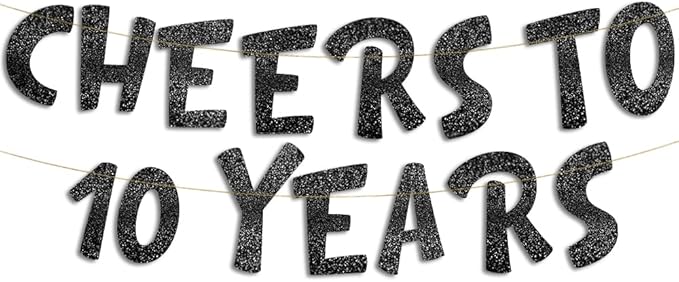 Cheers to 10 Years Black Glitter Banner - 10th Anniversary and Birthday Party Decorations