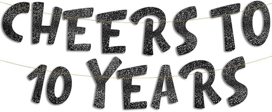 Cheers to 10 Years Black Glitter Banner - 10th Anniversary and Birthday Party Decorations