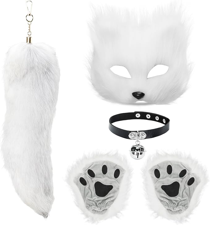 BADALU Therian Mask and Tail Set Cat Mask for Girls Halloween Furry Mask Fox Mask Wolf Tail Cat Costume Leather Choker Faux Fur Tail Cosplay Party