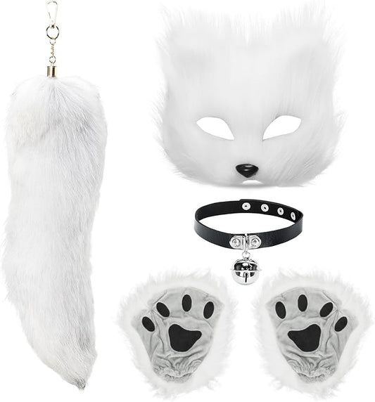 BADALU Therian Mask and Tail Set Cat Mask for Girls Halloween Furry Mask Fox Mask Wolf Tail Cat Costume Leather Choker Faux Fur Tail Cosplay Party