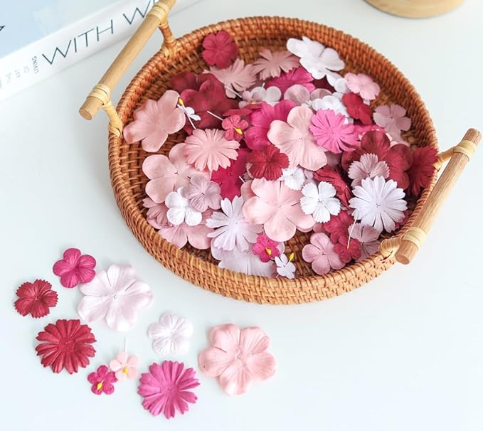 Handmade100 Pcs Mixed Flowers 18 mm - 2 Inch Mulberry Paper Flowers Scrapbooking Wedding DIY Craft Supplies Card (Pink Tone)