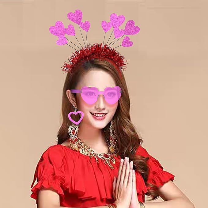 Heart Shape Headband Glitter Sunglasses Sequin Earrings Valentines Day Halloween Cosplay Costume Accessories Set