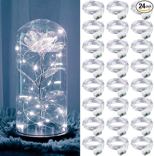 ZGWJ 24 Pack Fairy Lights Battery Operated, 7ft 20 Mini LED Fairy String Lights Silver Wire 3 Modes for DIY, Parties, Wedding, Bedroom, Halloween Christmas Decoration Silver White