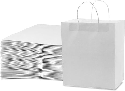 Prime Line Packaging White Paper Bags, Kraft Gift Bags with Handles for Small Business, Shopping, Take-out Goodies, Bistro, Boutique, Bulk, 10x6.75x12, 50 Pack