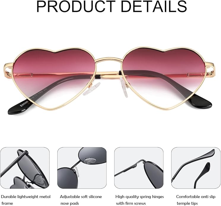 JOVAKIT Polarized Heart Sunglasses for Women Fashion Lovely Style Metal Frame UV400 Protection Lens