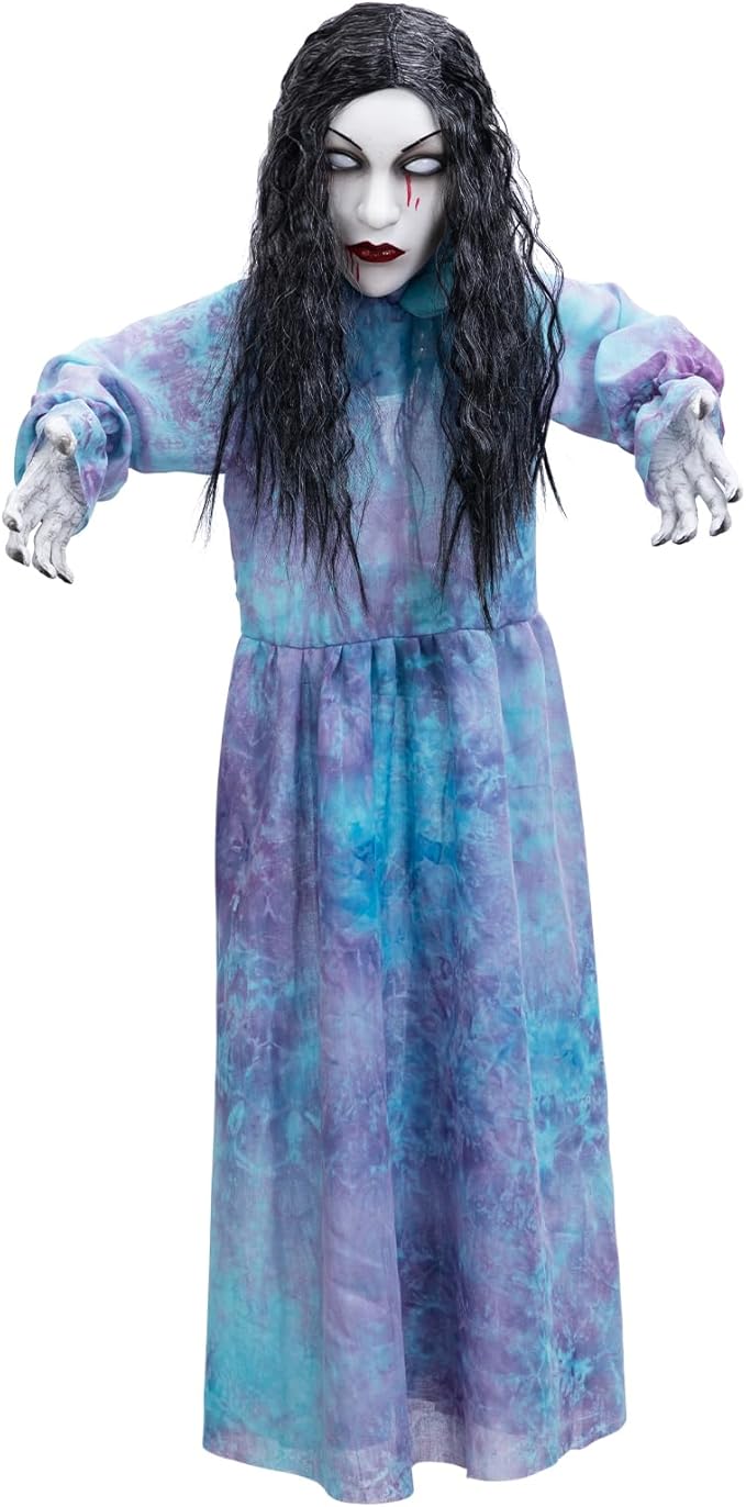 HollyHOME Halloween Hanging Ghost Girl with Glowing Eyes, Creepy Sound and Shaking Body Halloween Decorations Outdoor Scary Haunted House Prop 43’’