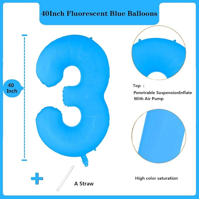 Fluorescent Blue Number Balloon 40 inch Giant Foil Helium Balloons Blue Number 3 Balloon for 3rd Birthday Party Decorations