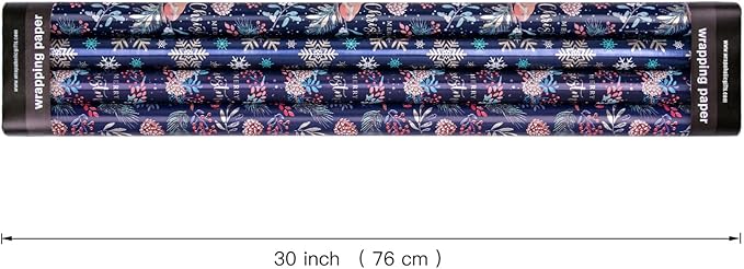 WRAPAHOLIC 30 Inch Christmas Wrapping Paper Roll - Jumbo Roll Drak Blue Bird, Christmas Garland and Snowflake Holiday Collection with Metallic Foil Shine - 4 Rolls - 30 Inch x 120 Inch Per Roll