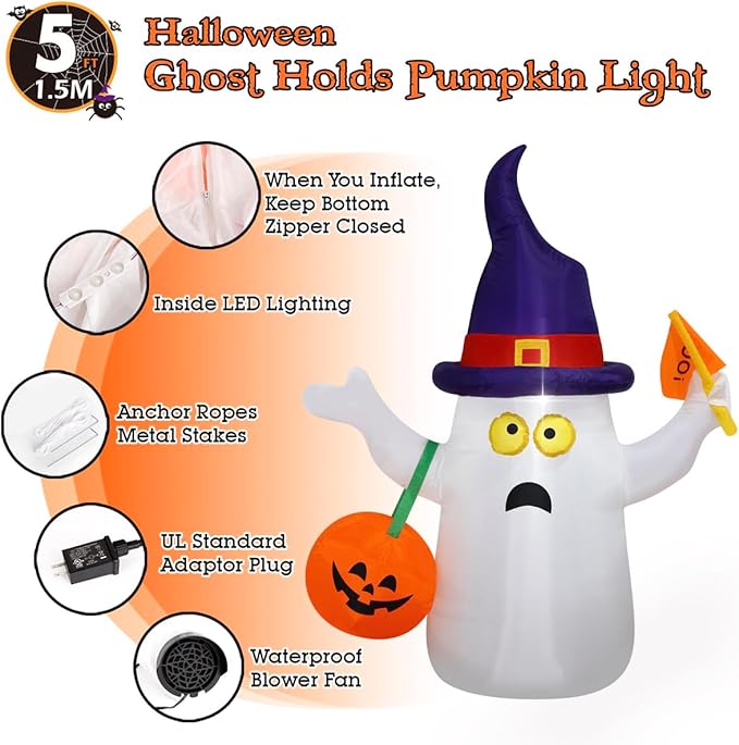 Halloween Blow up Inflatable Ghost Hold JackoLantern Decoration-Lighted Blow-Up for Home Yard Garden Indoor and Outdoor Decoration with Built in Fan and Anchor Ropes (Ghost with Boo Flag)