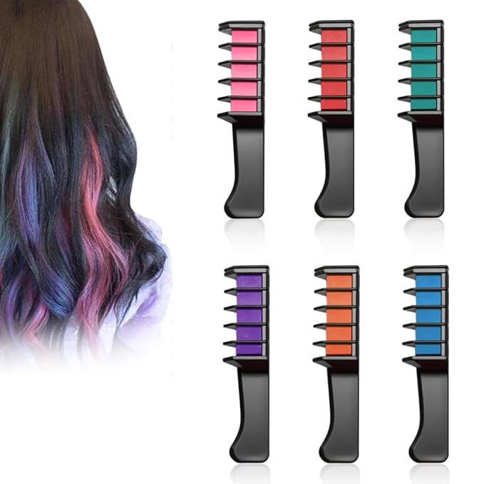 12 Colors Festive Fun Hair Chalk Combs, 2026 New Temporary Glitter Hair Colors Hair Chalk Combs, Washable Hair Color Dye for Birthday Christmas Hair DIY Party Gifts for Teenage Girls (6 Colors)