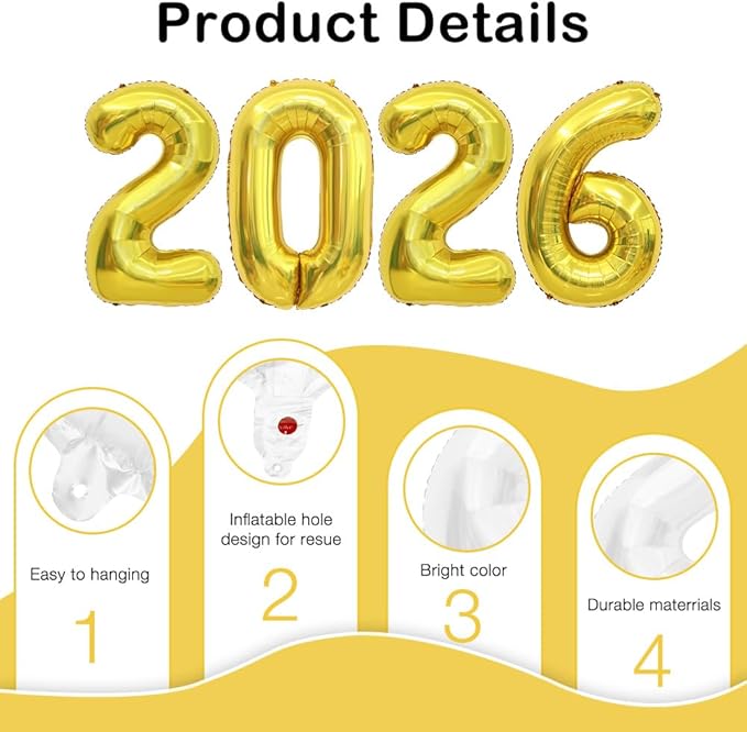 2026 Balloons, 2026 Number Balloons, 2026 Gold Balloon, Foil Happy New Year Balloon for New Year Eve Party Supplies 2026 Graduation Decorations Anniversary Birthday Home Office Decorations, 16 Inch