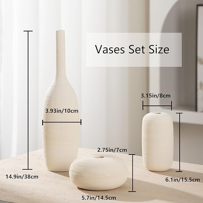 Ceramic Vase Set of 3 Flower Vases Home Decor Modern Boho Rustic Farmhouse Large Decorative Aesthetic Minimalist Matte Vases for Centerpieces Living Room Table Shelf (Beige White)