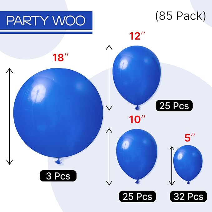 PartyWoo Royal Blue Balloons 85 pcs Different Sizes of 18 12 10 5 Inch Dark Blue Matte Balloon Arch Kit Garland for Graduation Independence Day Baby Shower Birthday Party Decorations Blue-Y59