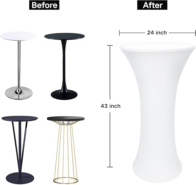 24x43 Inch Round Fitted Cocktail Table Cover White Spandex Cocktail Table Cloth Highboy Fitted Tablecloth High Top Table Cloths for Party Pub Banquet Bistro