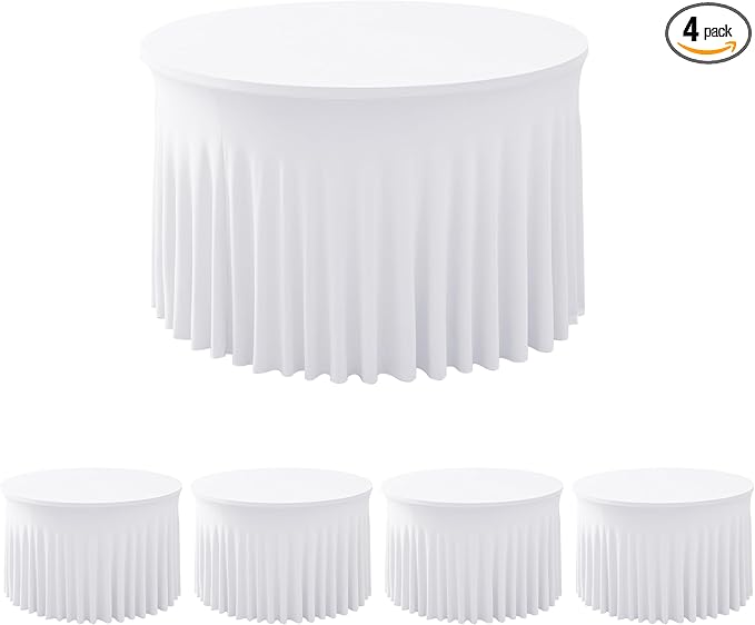 HolidayIdeas White Spandex Wedding Tablecloths for 60in Round Table, 5ft Fitted Stretch Table Skirts 120 Inch, Wrinkle-Free Ruffle Design Tablecloths for Banquets,Trade Shows, Parties, Events, 4 Pack