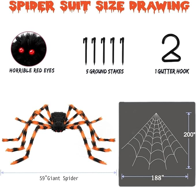 200" Halloween Spider Web + 59" Giant Spider Decorations, Triangular Huge Spiders Web and Hairy Scary Fake Spider, for Indoor Outdoor Porch Yard, Scary Haunted House Party, and Halloween Décor