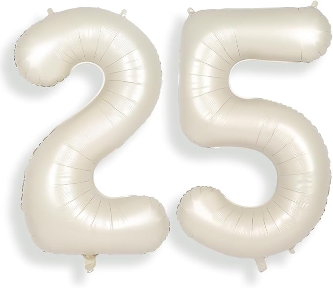 SUWEN 40 Inch Large Cream White 25 Balloon Numbers Big Foil Helium Number Balloons 0-9 Jumbo Happy 25th Mylar Birthday Party Decorations for Women or Men 52 Anniversary Party Supplies