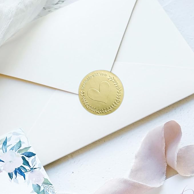 100 x Handmade with Love Stickers – Embossed Gold Foil Labels – Small Business Packaging Stickers for Gift Bags, Boxes & Happy Mail – Thank You Support Tags, 1.6 Inch