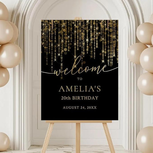 Black and Gold Birthday Party Welcome Sign, Birthday Sign Decoration, Custom Brithday Welcome Sign for party