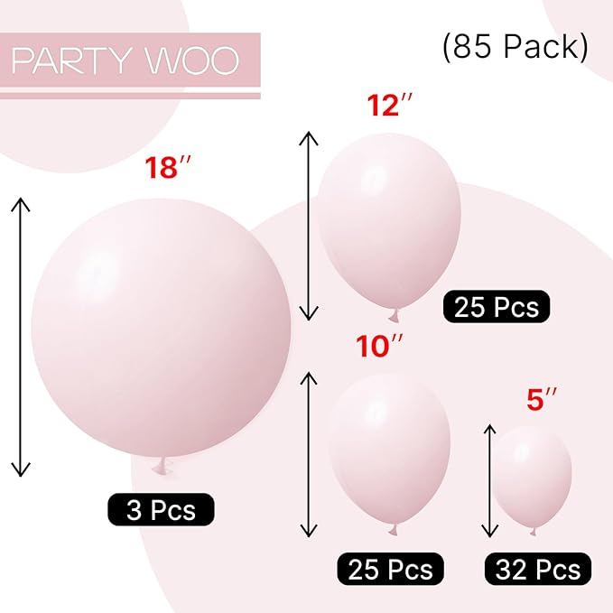 PartyWoo Pale Pink Balloons 85pcs Different Sizes of 18 12 10 5 Inch Light Pastel Baby Pink Balloon Arch Kit for Engagement Bachelorette Baby Shower Easter Birthday Party Decorations Pink-Q01